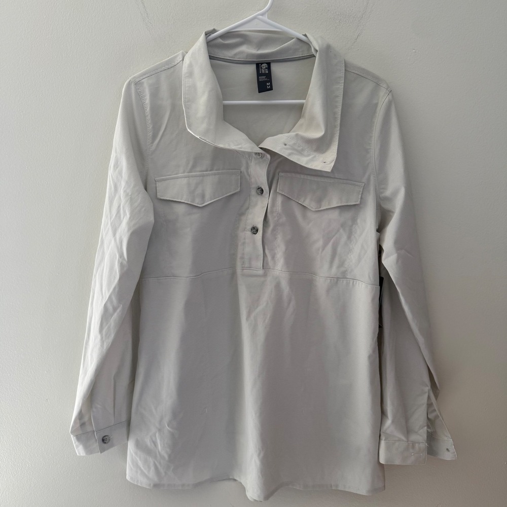 Mountain Hardwear Citypass Long Sleeve Popover Shirt White Grey Stripe SZ M NEW
